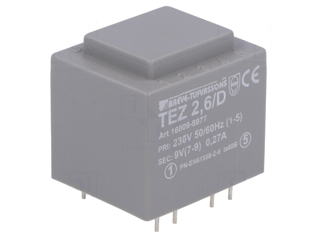Transformator: ingegoten; 2,5VA; 230VAC; 9V; 277,8mA; PCB; IP00 Transformator: ingegoten; 2,5VA; 230VAC; 9V; 277,8mA; PCB; IP00
